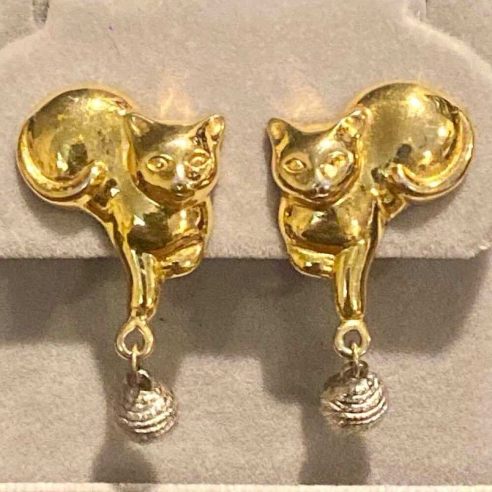 Vintage Avon Kitty Cat Dangle Clip On Earrings Gold Tone Silver 1970’s